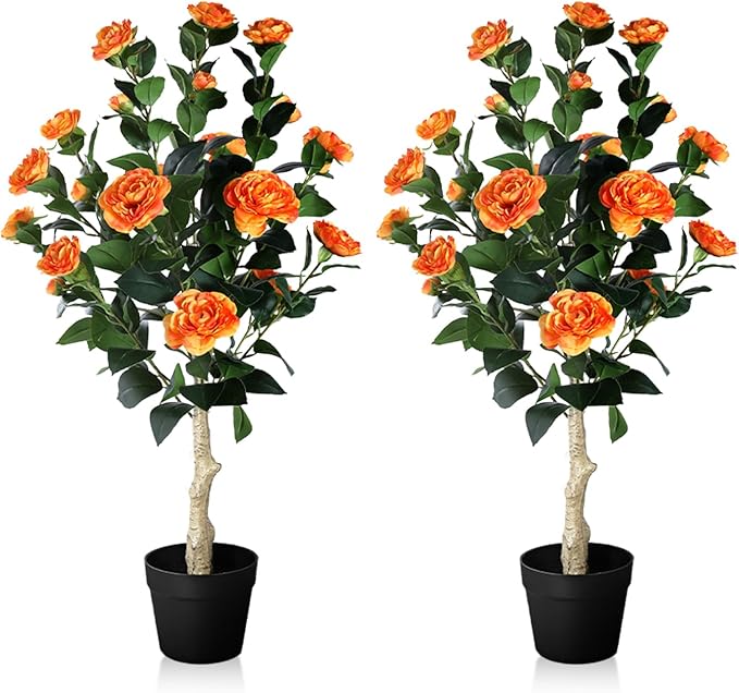3FT Artificial Camellia Tree, 2 Pack Fake Camellia Tree Artificial Tree, Faux Floral Plants in Cement Pot, Greenery Potted Plant for Indoor Outdoor Home Office Porch Decor (Orange)