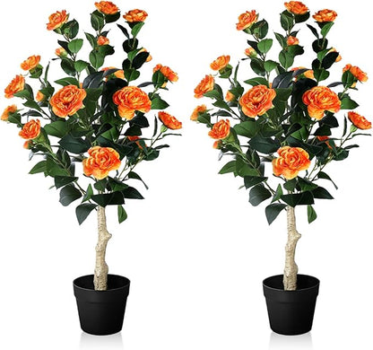 3FT Artificial Camellia Tree, 2 Pack Fake Camellia Tree Artificial Tree, Faux Floral Plants in Cement Pot, Greenery Potted Plant for Indoor Outdoor Home Office Porch Decor (Orange)