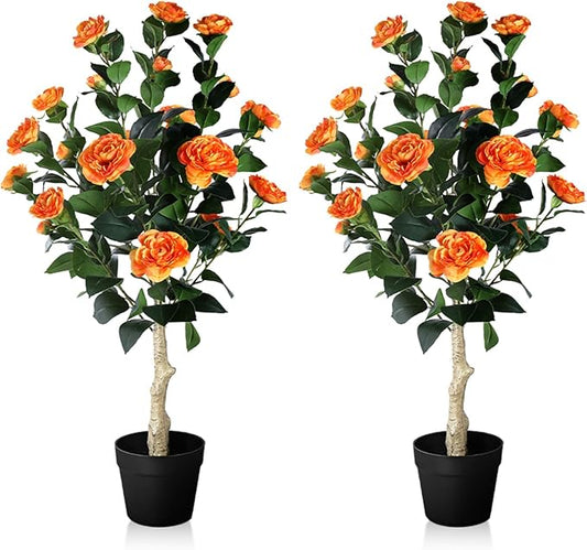 3FT Artificial Camellia Tree, 2 Pack Fake Camellia Tree Artificial Tree, Faux Floral Plants in Cement Pot, Greenery Potted Plant for Indoor Outdoor Home Office Porch Decor (Orange)