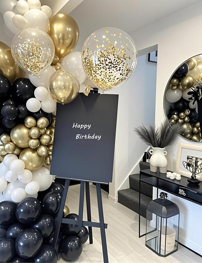Black White Gold Confetti Balloons Garland Kit, 66Pcs 12 Inch Latex Party Balloons with Metallic Ribbons for Elegant Birthday Wedding Baby Shower Graduation Arch Decorations