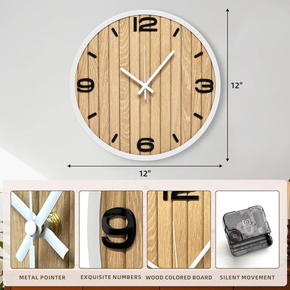 Round Wall Clock Battery Operated, Modern Wooden Small Analog Clocks 12 Inch Silent Non-Ticking for Home, Office, Apartment, Living Room, Bathroom, Kitchen, Bedroom