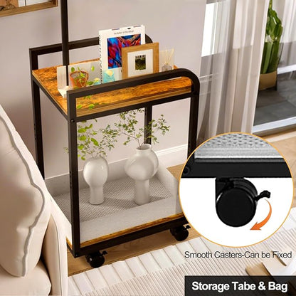 Lightdot 63IN Floor Lamps with Storage Table&Basket, Modern Standing Tall Lamps with Adjustable Fabric Lampshade and Movable&Fixed Casters, Coner End Table Lamp for Living Room/Bedroom/Office-Black