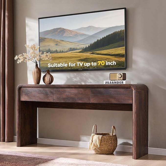 63'' Console Table with 3 Drawers, Modern Entryway Table with Curved Profile Design, Narrow Long Wood Sofa Table Behind Couch Table for Living Room, Hallway, Foyer, Brown