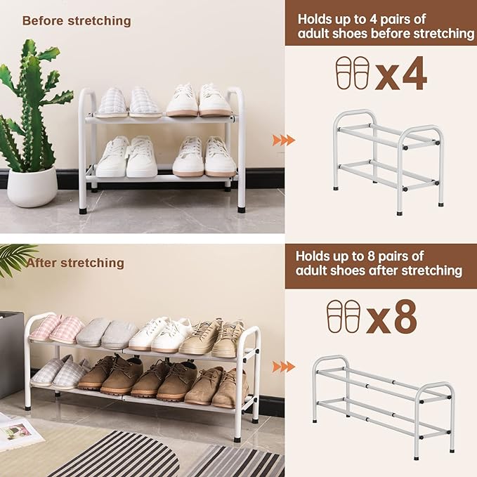 Gonfoam 2-Tier Expandable Shoe Rack,Adjustable Shoe Shelf Storage Organizer Heavy Duty Metal Free Standing Shoe Rack for Entryway Closet Doorway (White)