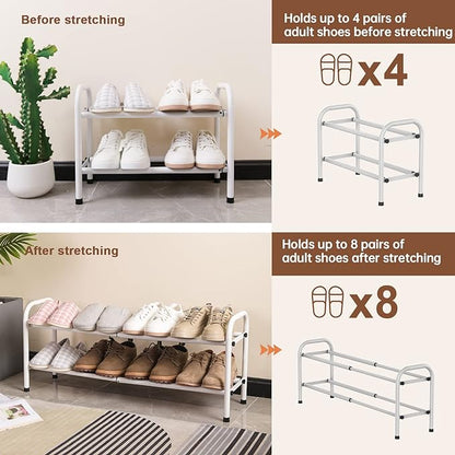 Gonfoam 2-Tier Expandable Shoe Rack,Adjustable Shoe Shelf Storage Organizer Heavy Duty Metal Free Standing Shoe Rack for Entryway Closet Doorway (White)
