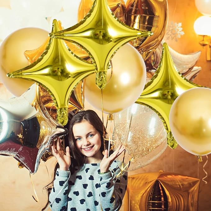 18inch Star Shape Foil Mylar Balloon,30 pcs Gold Four Angle Star Balloons for Birthday Party,Wedding,Valentine's Day, engagement party，Christmas,Baby Shower Backdrops Decorations ﻿