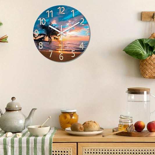 XFM Beach Wall Clock 14 Inch Palm Tree Analog Wall Clocks Battery Operated for Living Room Kitchen Decor Sunset Coastal Glass Silent Wall Clock