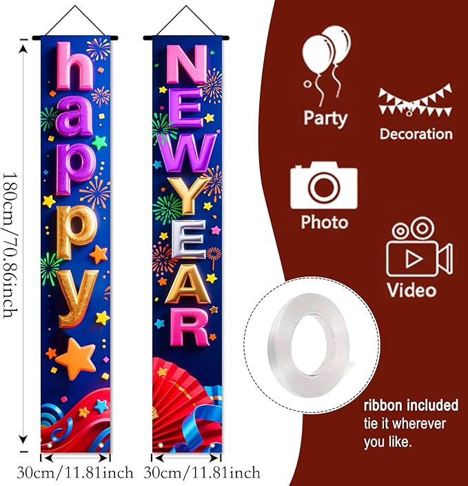 Nuxovilar Happy New Year Banner, 70.86" x 11.81" Colorful Letters Blue Purple Background Hanging Decorations for Outdoor Indoor Home Wall