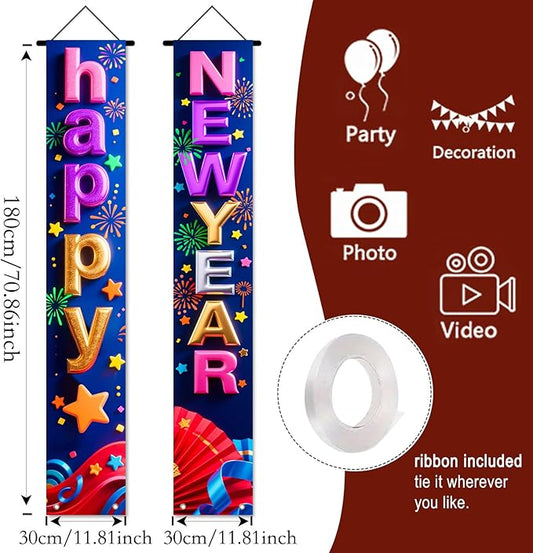 Nuxovilar Happy New Year Banner, 70.86" x 11.81" Colorful Letters Blue Purple Background Hanging Decorations for Outdoor Indoor Home Wall