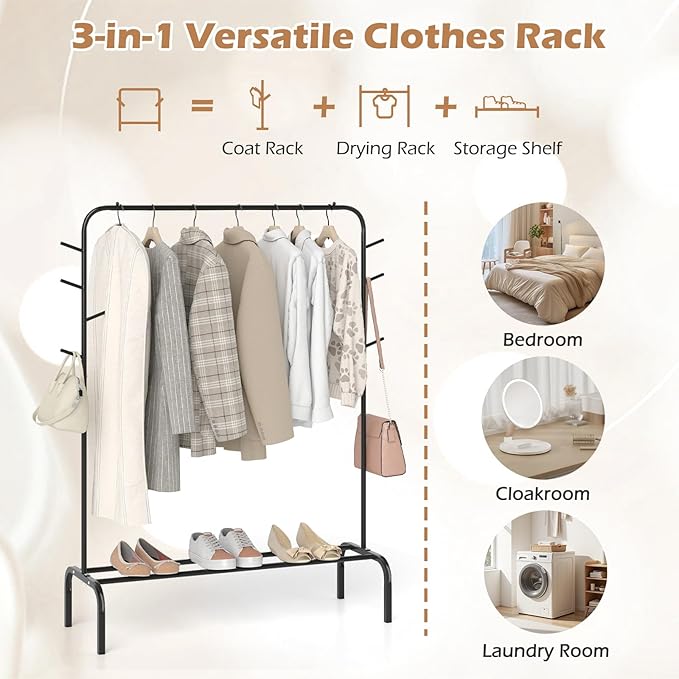 Giantex Clothes Rack for Hanging, 50" Wide Freestanding Garment Rack with Hanging Rod, 8 Hooks & Storage Shelf, Heavy-duty Metal Clothing Racks Wardrobe Organizer for Bedroom, Entryway, Laundry