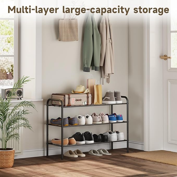 3-Tier Metal Shoe Rack, Free Standing Shoe Storage Rack for Entryway, Closet and Hallway (Black, 3-Tier)