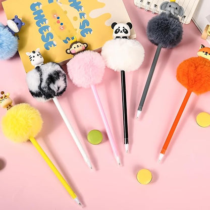12 Pcs Pom Pom Pens with 3D Animals Fluffy Pen Cute Fun Kawaii Pens for Girl Colorful 3D Animals Shape Pompom Pen for Classroom Prizes Office Supplies