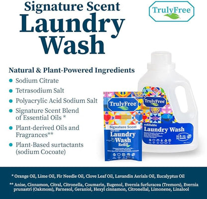 Truly Free Natural Laundry Detergent for Sensitive Skin | Eco Friendly, Plant Based, Baby Clothes Safe | Clean & Easy Powder to Liquid, 4 Pack Refill Detergent, NO Jug | Signature Scent, 200 Loads