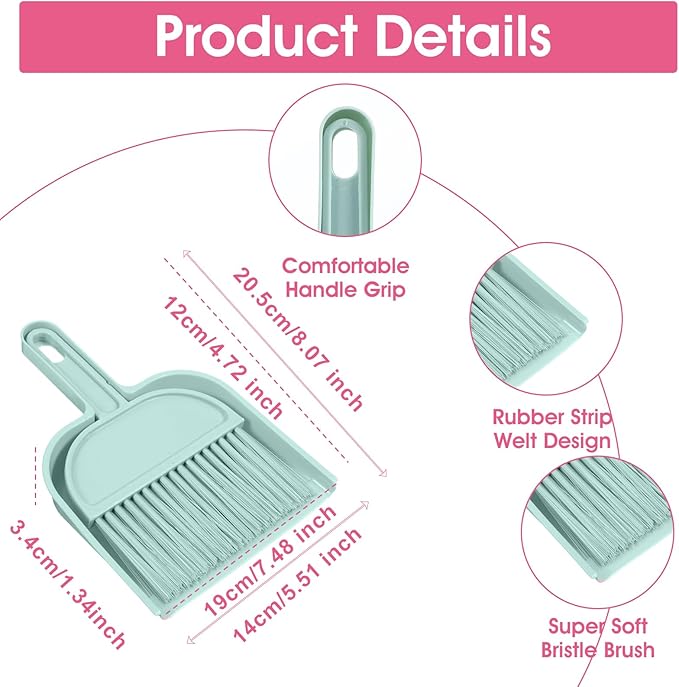 Blue Small Broom and Dustpan Set, Mini Dustpan and Brush Set, Small Hand Broom and Dust Pan Sets for Home Sofas Kitchen Countertops Storage Shelves Office Desks Bathrooms and Pet Areas