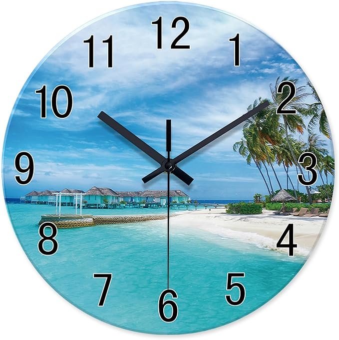 XFM Blue Beach Wall Clock 12 Inch Silent Wall Clocks Battery Operated Coastal Nautical Round Glass Clock Decorative for Bathroom Kitchen Living Room
