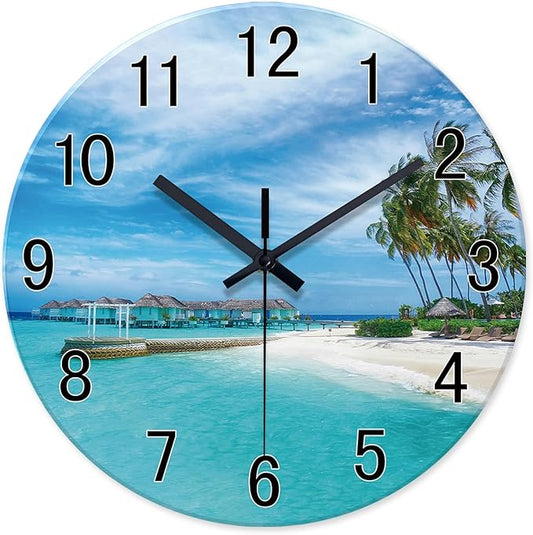 XFM Blue Beach Wall Clock 12 Inch Silent Wall Clocks Battery Operated Coastal Nautical Round Glass Clock Decorative for Bathroom Kitchen Living Room