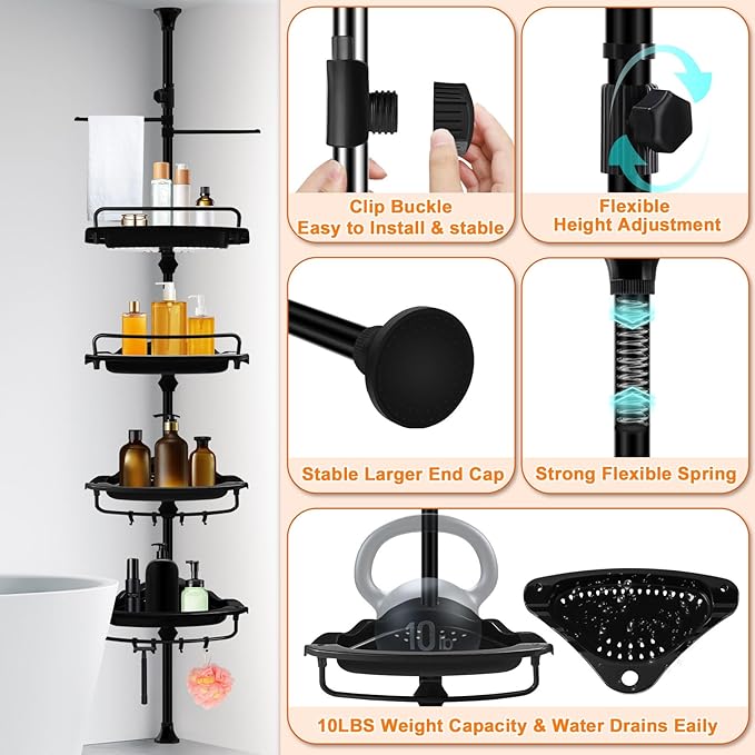 Rustproof Shower Caddy Tension Pole Corner Shower Caddy Organizer 4 Tier Adjustable Shelves with Tension Pole and Large Capacity for Bathtub Shampoo Accessories Storage Rack 38.8-122.7inch