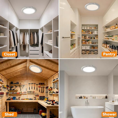 Rechargeable Ceiling Light 2Pack, 3 Color Motion Sensor Lights with Remote, Wireless Closet Light Battery Operated, Magnetic Dimmable LED Lights for Shower Pantry Shed Hallway Porch Garage Stairs