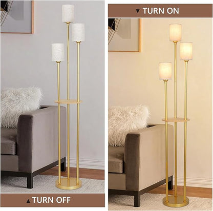 Floor Lamps for Living Room, 3-Lights Modern Floor Lamp with Shelves, Gold Standing Lamp with Fabric Shade and Foot Switch, Shelf Standing Lamps with Table, Tall Table Lamps for Bedroom Office