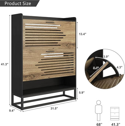 Vibe & Dine Shoe Storage Cabinet for Entryway, Narrow Shoe Cabinet with 2 Flip Drawers, Slim Shoe Rack Cabinet with Storage Shelf and Top Cubby, Modern Wall Hidden Shoe Cabinet, Black, Wide