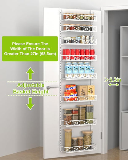 Over The Door Pantry Organizer, 8-Tier Wood & Metal Over The Door Organizer with Adjustable Basket, Hanging Spice Rack, Door Organization and Storage for Kitchen Pantry Door Cabinet, White