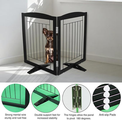 ZJSF Freestanding Dog Fence Indoor, Foldable Dog Gate for Doorways, Stairs or Hallways, Sturdy Wood Extra Wide Pet Gate with Support Feet for The House, Black, 24 "Height-2 Panels