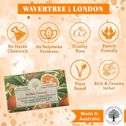 Wavertree & London Sicilian Orange Scented Natural Soap (8 Bars), 7oz Moisturizing French Triple Milled Soap Bars enriched with shea butter - Pure Plant Oil Bath & Body Soap for All Skin Types