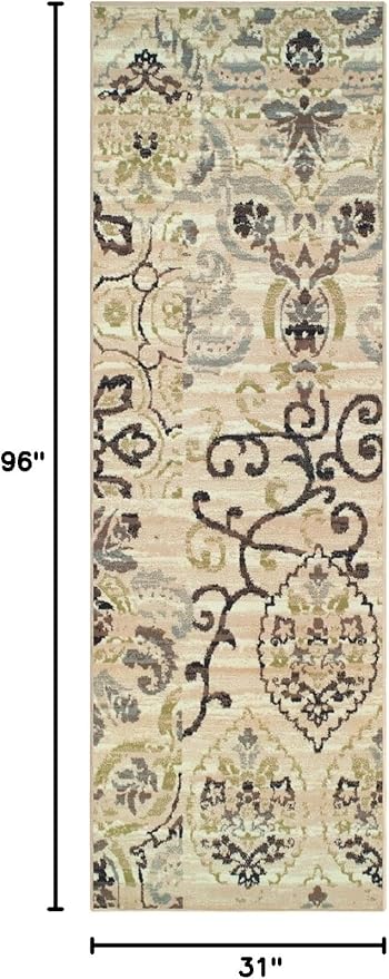 Superior 8mm Pile Height with Jute Backing, Gorgeous Patchworked Damask Design, Fashionable and Affordable Woven Rugs, 2'7" x 8' Runner, Beige