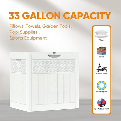 ZYJOYY 33 Gallon Resin Deck Box, Weatherproof Outdoor Storage Box for Patio, Garden and Yard, Lockable Waterproof Bin for Tools, Cushions, and Accessories, White
