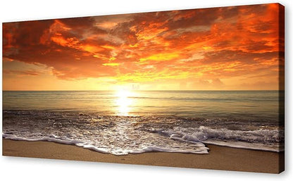 Baisuart-S0198 Canvas Prints Wall Art Sunset Ocean Beach Pictures Photo Paintings for Living Room Bedroom Home Decorations Modern Stretched and Framed Seascape Waves Landscape Giclee Artwork