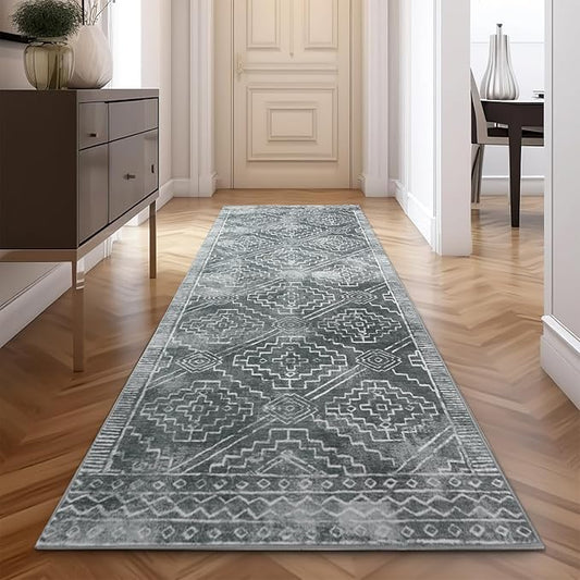 jinchan Hallway Runner Rug 2x8 - Moroccan Kitchen Machine Washable Runner Rug Modern Geometric Soft Faux Wool Ultra-Thin Low-Pile Non-Slip Carpet for Laundry Room Bedroom Farmhouse (2x8ft, Dark Grey)