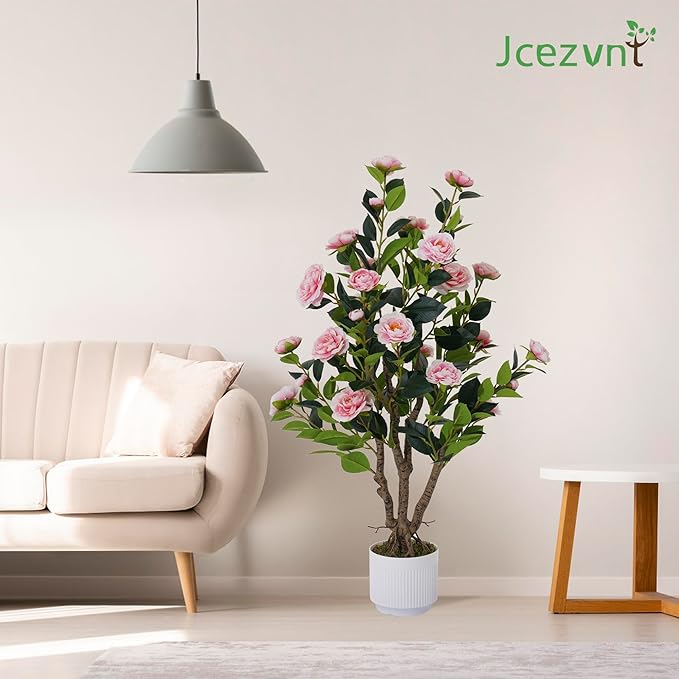 2 Pack Artificial Camellia Tree with White Pot, 38" Faux Potted Plants for Indoor Outdoor Decor, Tall Silk Greenery Plant for Home Office Living Room Balcony, Pink