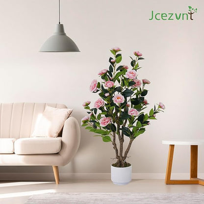 2 Pack Artificial Camellia Tree with White Pot, 38" Faux Potted Plants for Indoor Outdoor Decor, Tall Silk Greenery Plant for Home Office Living Room Balcony, Pink