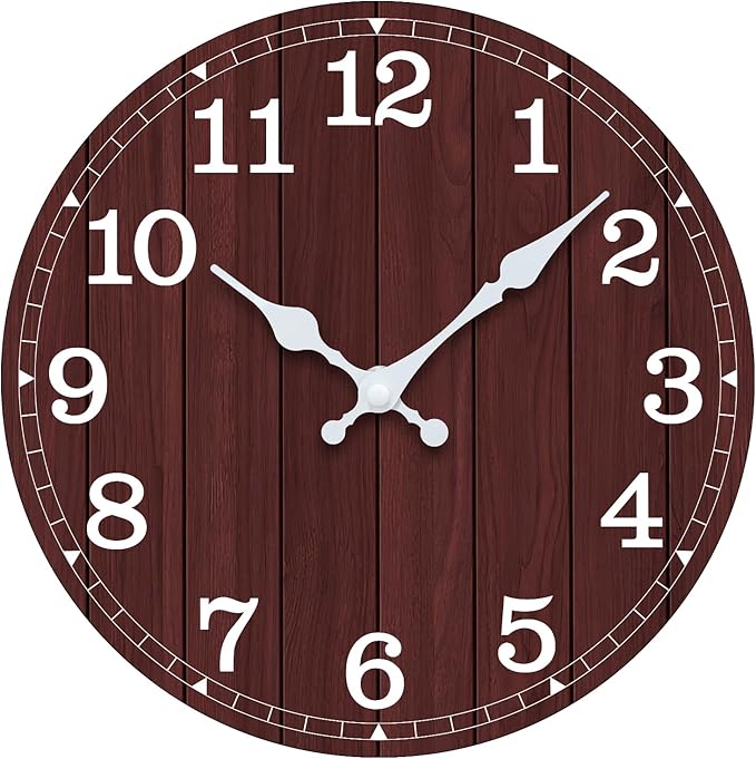 Wall Clock Battery Operated 8 Inch Brown Silent Non Ticking Country Rustic Design Vintage Retro Decorative for Bathroom Kitchen Bedroom