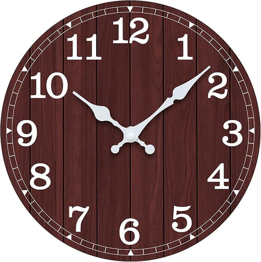 Wall Clock Battery Operated 8 Inch Brown Silent Non Ticking Country Rustic Design Vintage Retro Decorative for Bathroom Kitchen Bedroom