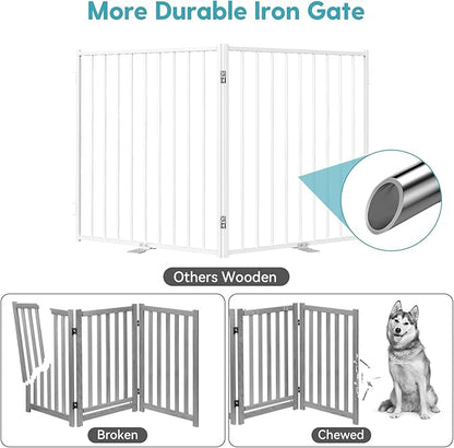 No Pawblems Free Standing Dog Gate with Door, 30'' Tall Foldable Dog Fence for Indoor & Outdoor, Up to 52 Inch Extra Wide Puppy Gate for Stairs, Hallways, Doorways, Deck, Yard (White, 2 Panels)