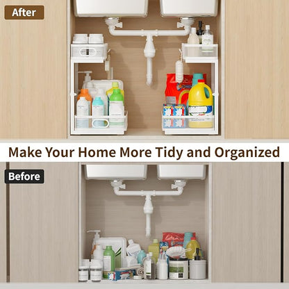Under Sink Organizer 2 Pack, 2-Tier Slide Out Cabinet Organizer with Metal Sliding Drawer and Hooks, Pull Out Storage Baskets for Kitchen Bathroom Pantry Cabinet Organization (White)