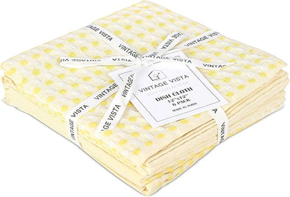 Vintage Vista 100% Cotton Dish Cloths (Pack of 6) - Dish Rags for Washing Dishes - Reusable & Highly Absorbent Kitchen Towels - Kitchen Rags for Christmas - (12" x 12" - Lemon Yellow Honeycomb)