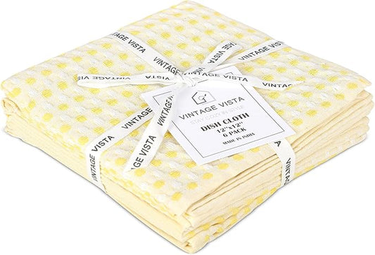 Vintage Vista 100% Cotton Dish Cloths (Pack of 6) - Dish Rags for Washing Dishes - Reusable & Highly Absorbent Kitchen Towels - Kitchen Rags for Christmas - (12" x 12" - Lemon Yellow Honeycomb)