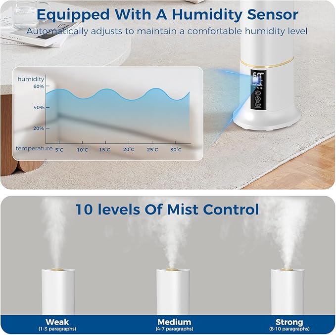 Abolee Humidifiers for Bedroom 9L Cool Mist with Essential Oil Diffuser, Humidifier Large Room, 24dB Quiet Air Humificador fit Baby Nursery & Plants, 360° Adjustable, Easy Fill & Cleaning