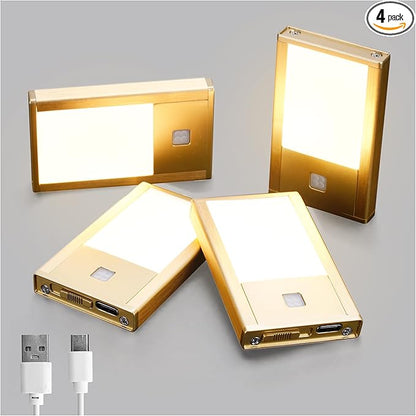 Rechargeable Motion Sensor Night Lights, 4-Pack - Brushed Gold Aluminum Alloy, Ultra-Compact Magnetic Mount, 3000K Warm White Glow, Ideal for Hallways, Bedrooms, Stairs & Nightly Use