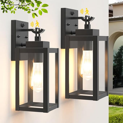 2-Pack Motion Sensor Outdoor Wall Light Fixtures, Modern Black Dusk to Dawn Porch Light Lantern with 3 Modes, Waterproof Exterior Lighting for House, Patio, Garage, Front Door