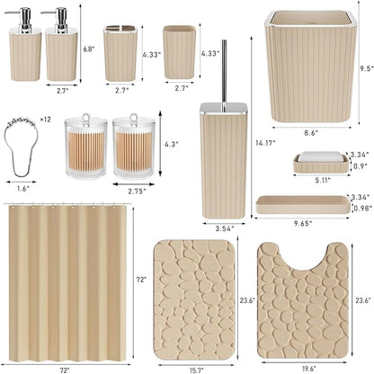 Bathroom Accessories Set - 25PC Bathroom Sets with Shower Curtain and Rugs, Beige Bathroom Set with Trash Can, Soap Dispenser, Soap Dish & Toilet Brush