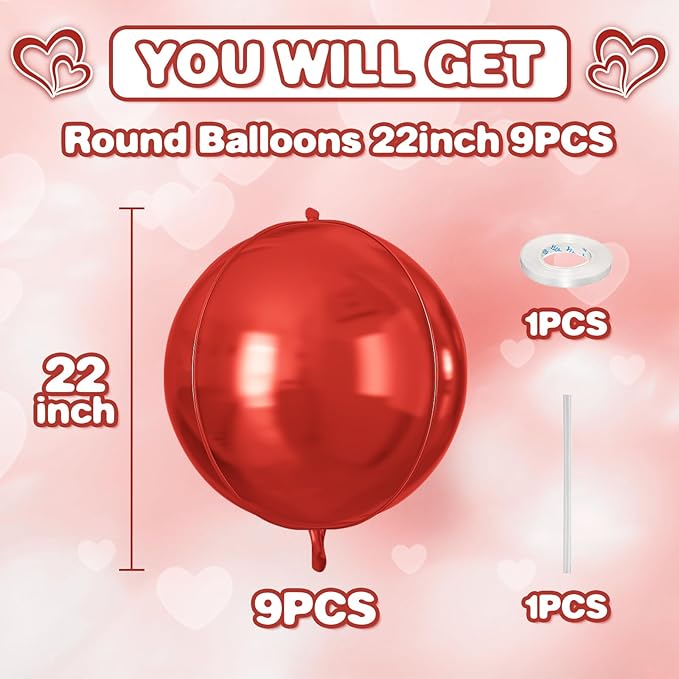 Red Round Foil Balloons 9 pcs,Red Giant 4D Round Balloons 22 Inch for Wedding Graduation Valentine's Birthday Party Decorations