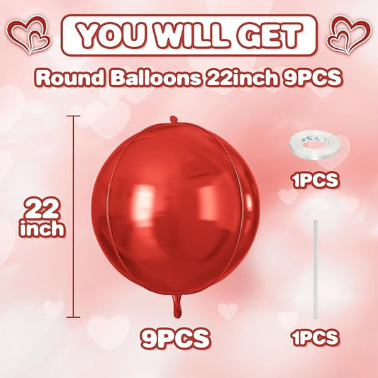 Red Round Foil Balloons 9 pcs,Red Giant 4D Round Balloons 22 Inch for Wedding Graduation Valentine's Birthday Party Decorations