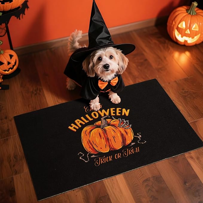 Halloween Door Mat, Halloween Pumpkin Doormat Outdoor Front Door Entrance Absorbent Entry Mat with Non Slip Backing, 17''x30'', Pumpkin Black