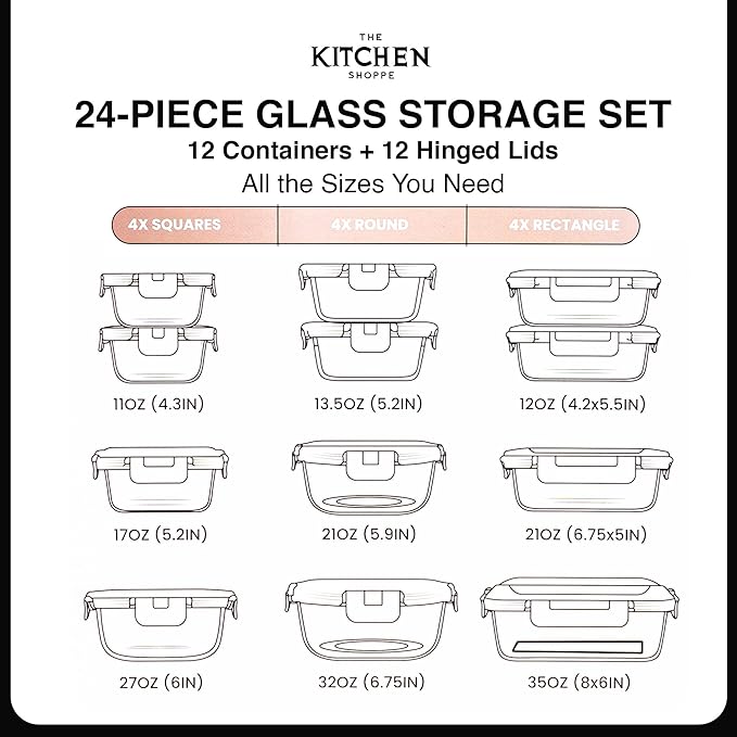 KITCHEN SHOPPE 24-Piece Glass Food Storage Containers with Hinged Lock Lids | Airtight Containers for Meal Prep, Lunch or Leftovers | Oven/Freezer & Dishwasher Safe | Glass Tupperware Set