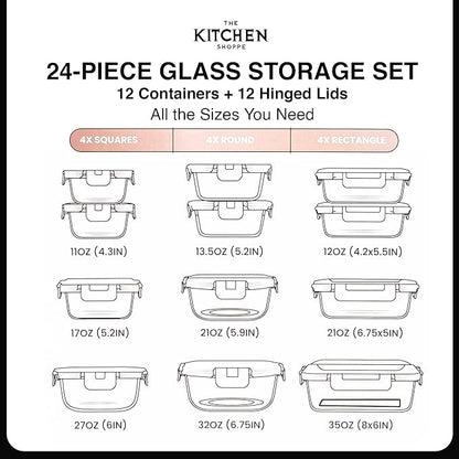 KITCHEN SHOPPE 24-Piece Glass Food Storage Containers with Hinged Lock Lids | Airtight Containers for Meal Prep, Lunch or Leftovers | Oven/Freezer & Dishwasher Safe | Glass Tupperware Set