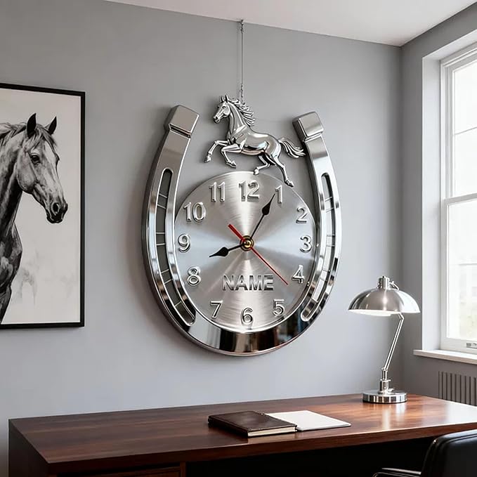 Personalized Horseshoe Name Wall Clock for Horse Lovers Acrylic 2D Printing Customizable Horseshoe Clock with Name 10/12/14/16 Inch Decorative Home Office Clocks