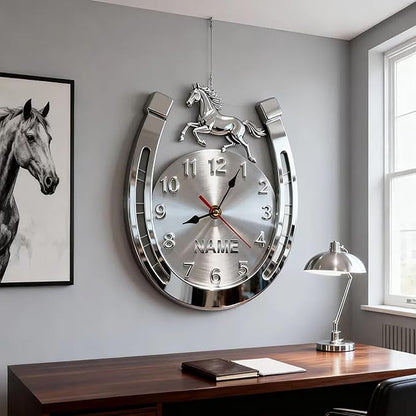 Personalized Horseshoe Name Wall Clock for Horse Lovers Acrylic 2D Printing Customizable Horseshoe Clock with Name 10/12/14/16 Inch Decorative Home Office Clocks